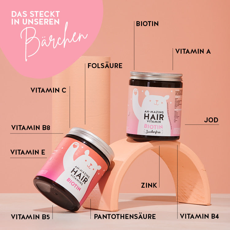Diese Vitamine und Nährstoffe sind in den Ah-mazing Hair Vitamins von Bears with Benefits: Biotin, Folsäure, Jod, Zink, Pantothensäure, Vitamin C, Vitamin E, Vitamin B4, 5 und 8 sowie Vitamin A