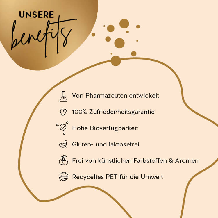 Auf diesem Bild sind die Benefits des Produkts Golden Goddes Tan von Bears with Benefits dargestellt. Von Pharmazeuten entwickelt, 100% Zufriedenheitsgarantie, Hohe Bioverfügbarkeit, Gluten- und laktosefrei, frei von künstlichen Farbstoffen & Aromen, Recyceltes PET für die Umwelt