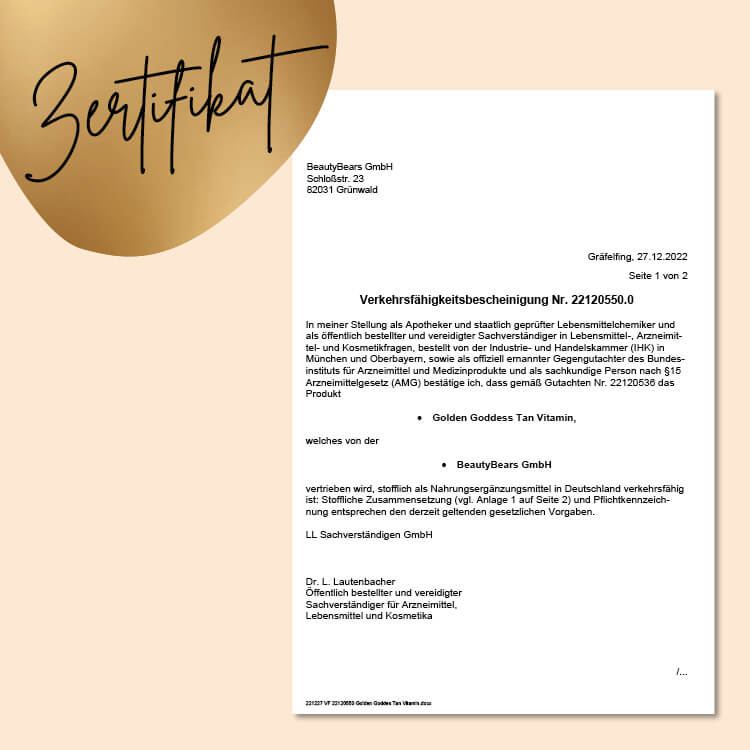 Dieses Bild zeigt das Zertifikat für die Golden Goddes Tan Vitamine mit Beta Carotin von Bears with Benefits