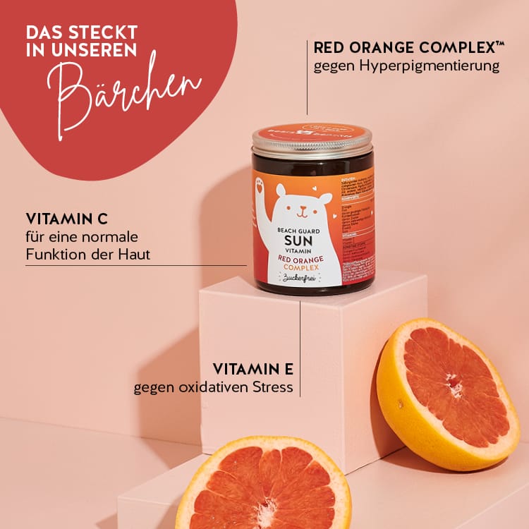 Diese Inhaltsstoffe und Nährstoffe stecken in den Beach Guard Sun Vitamins von Bears with Benefits: Red Orange Complex, Vitamin C und Vitamin E