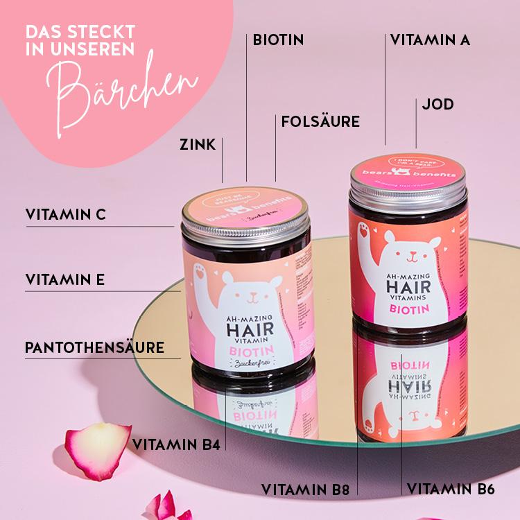 Diese Vitamine und Nährstoffe sind in den Ah-mazing Hair Vitamins von Bears with Benefits: Biotin, Folsäure, Jod, Zink, Pantothensäure, Vitamin C, Vitamin E, Vitamin B4, 5 und 8 sowie Vitamin A