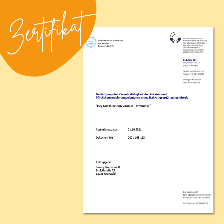 Dies ist das Zertifikat der Hey Sunshine Sun Vitamins von Bears with Benefits