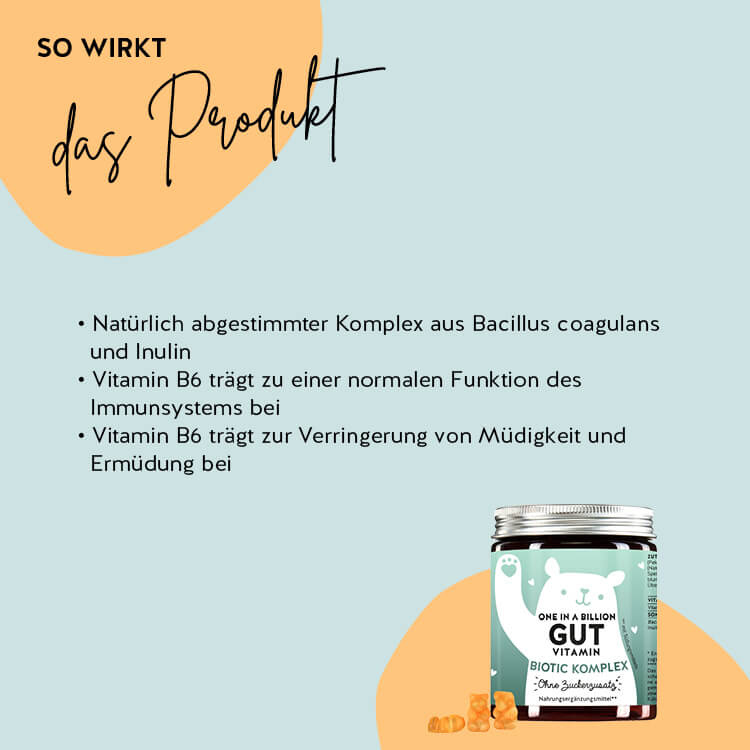 Dies ist die Wirkung der One in a Billion Gut Vitamins von Bears with Benefits mit inulin, Vitamin B6 und Bacillus Coagulans.