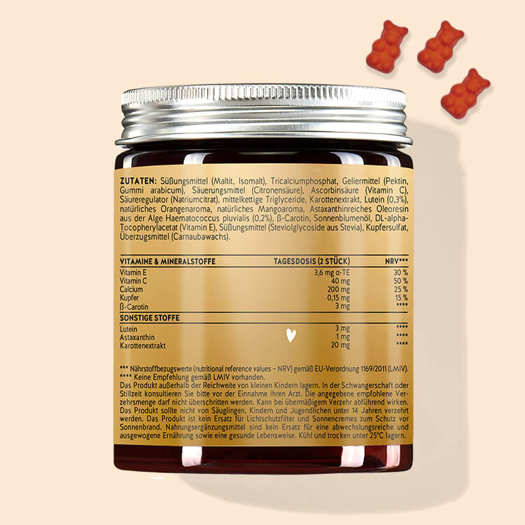 Hier ist die Rückseite der Verpackung der Golden Goddess Tan Bärchen mit Beta Carotin abgebildet. Darauf stehen die Nährwertangaben sowie die Zutatenliste des Produkts.