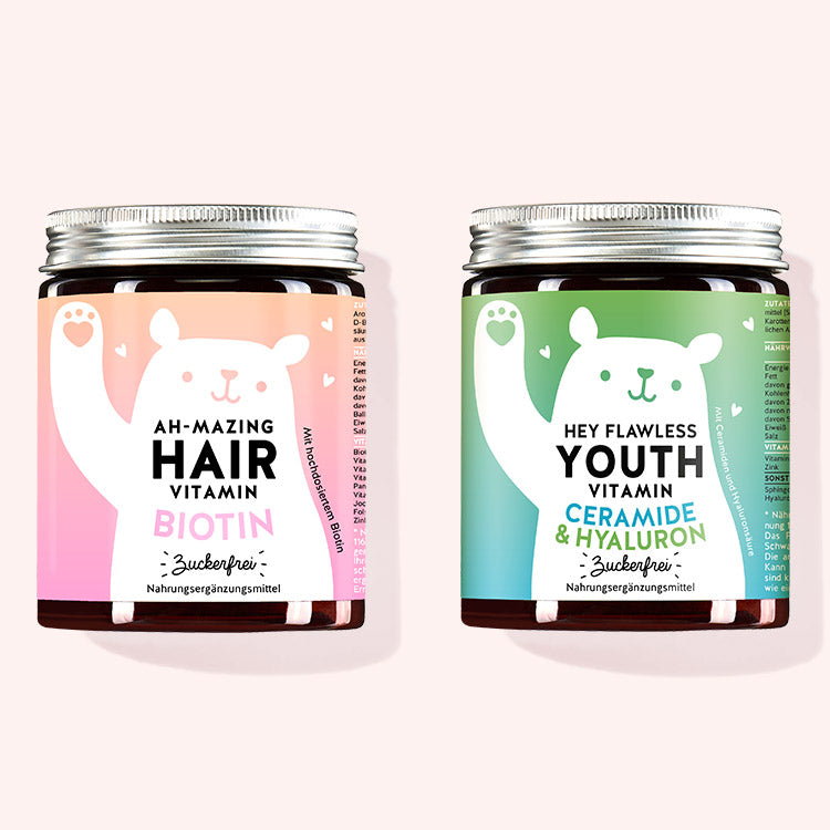 2er Set "Duo für strapazierte Haut und Haare" bestehend aus den Ah-mazing Hair Vitamins mit Biotin und den Hey Flawless Youth Vitamins mit Ceramiden und Hyaluronsäure von Bears with Benefits