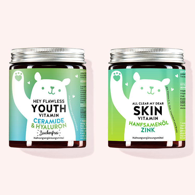 2er Set "Duo für Mischhaut" bestehend aus den All Clear My Dear und Hey Flawless Youth Vitamins mit Zink, Vitamin C, Vitamin E, Hanfsamenöl, Hyaluronsäure und patentierter Phytoceramide-Komplex.