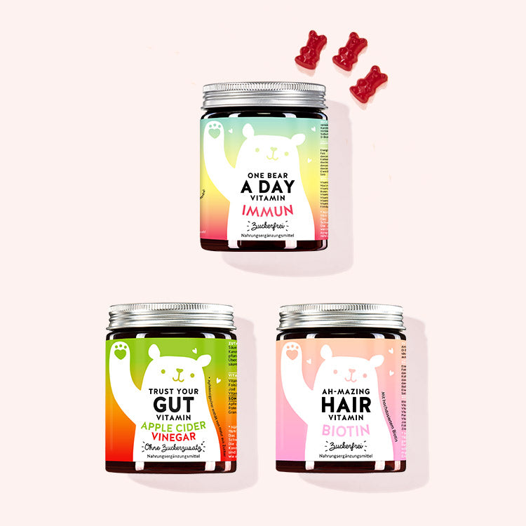 3er Set "Beauty Booster Bundle" bestehend aus den One Bear A Day Immun Vitamins mit Multivitamin-Komplex, den Trust Your Gut Vitamins mit Apfelessig sowie den Ah-mazing Hair Vitamins mit Biotin von Bears with Benefits
