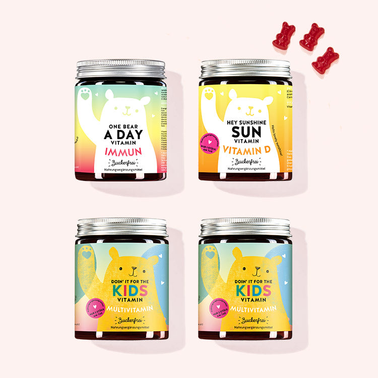 4er Set "Family Winter Bundle" bestehend aus den One Bear A Day Immun Vitamins mit Multivitamin-Komplex, den Hey Sunshine Sun Vitamins mit Vitamin D und den Doin' It For The Kids Vitamins mit Multivitamin von Bears with Benefits