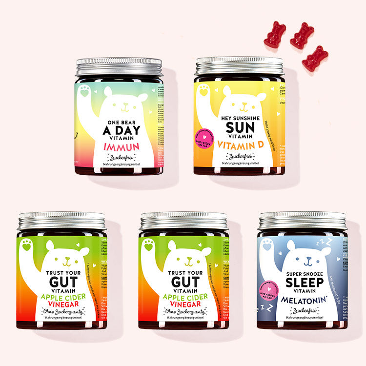 5er Set "Complete Health Bundle" bestehend aus den One Bear A Day Immun Vitamins mit Multivitamin-Komplex, den Hey Sunshine Sun Vitamins mit Vitamin D, den Trust Your Gut Vitamins mit Apfelessig und den Super Snooze Sleep Vitamins mit Melatonin von Bears with Benefits