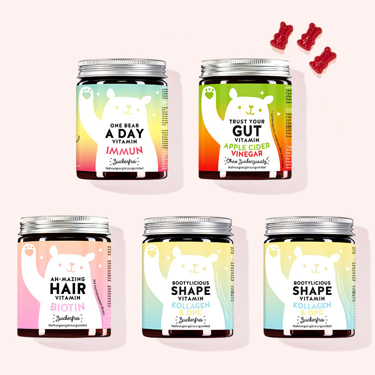 5er Set "Complete Beauty Bundle" bestehend aus den One Bear A Day Immun Vitamins mit Multivitamin-Komplex, den Trust Your Gut Vitamins mit Apfelessig, den Ah-mazing Hair Vitamin zuckerfrei mit Biotin und den Bootylicious Shape Vitamins mit Kollagen und OPC von Bears with Benefits