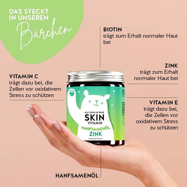 Das steckt in de All Dear my Clear Bärchen mit Hanfsamenöl und Zink von Bears with Benefits. Hanfsamenöl, Zink, Vitamin E, Vitamin C und Biotin