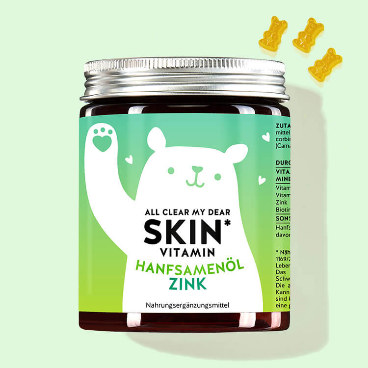 Eine Dose der All Clear My Dear Vitamins mit Hanfsamenöl von Bears with Benefits für unreine Haut