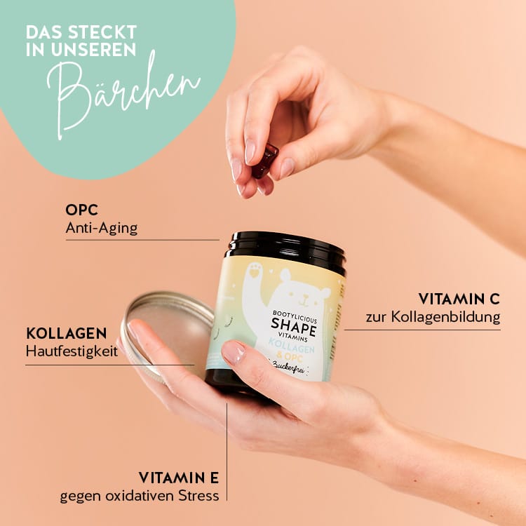 Diese Inhaltsstoffe und Nährstoffe stecken in den Bootylicious Shape Vitamins von Bears with Benefits: OPC, Kollagen sowie Vitamin C und E