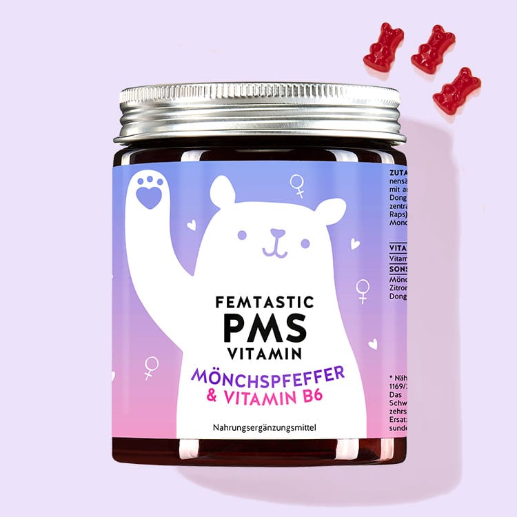 Eine Dose der Femtastic PMS Vitamins mit Mönchspfeffer und Vitamin B6 von Bears with Benefits für einen ausgeglichenen Zyklus