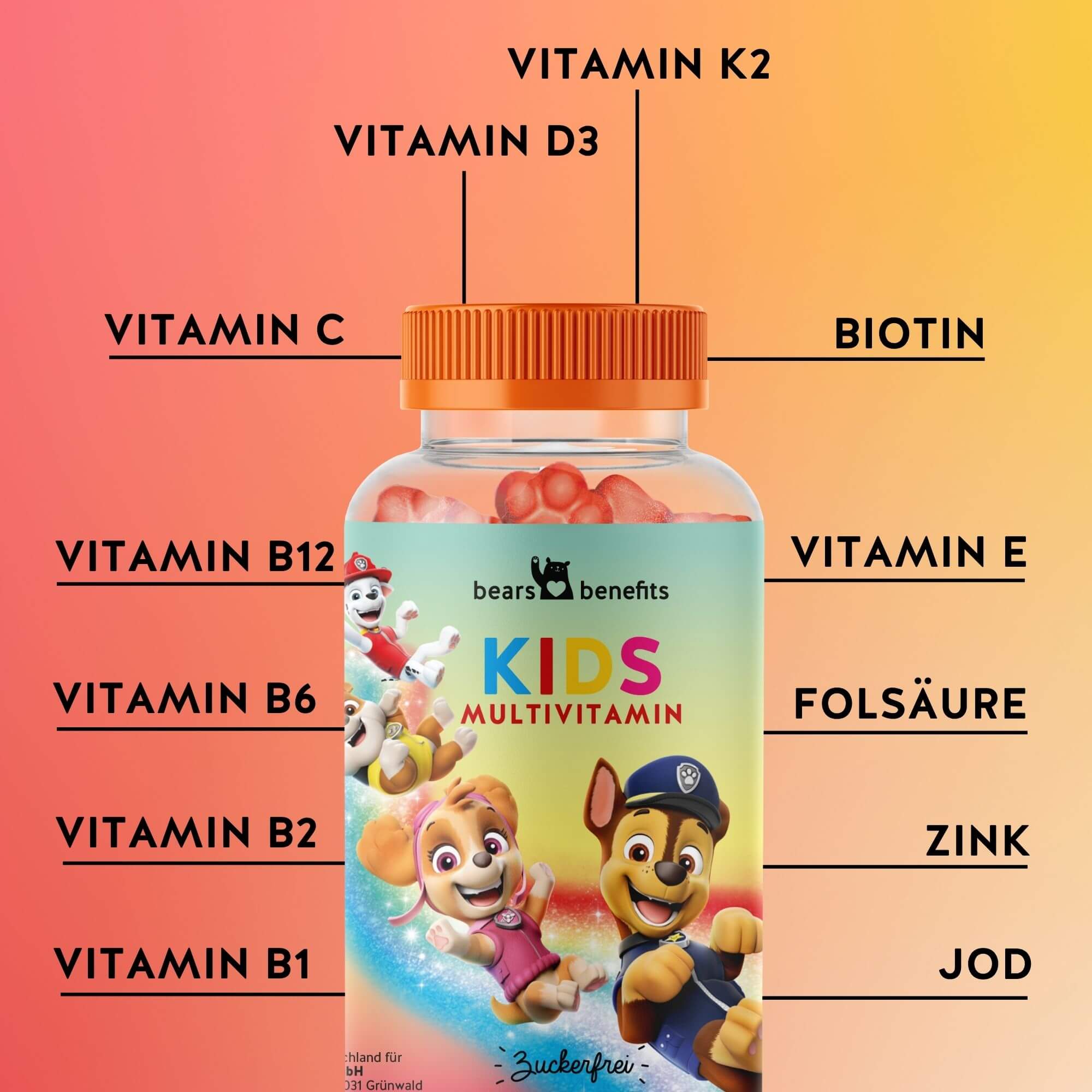 3 Monatskur PAW Patrol Kinder Multivitamin Gummibärchen ab 4 Jahren - zuckerfrei