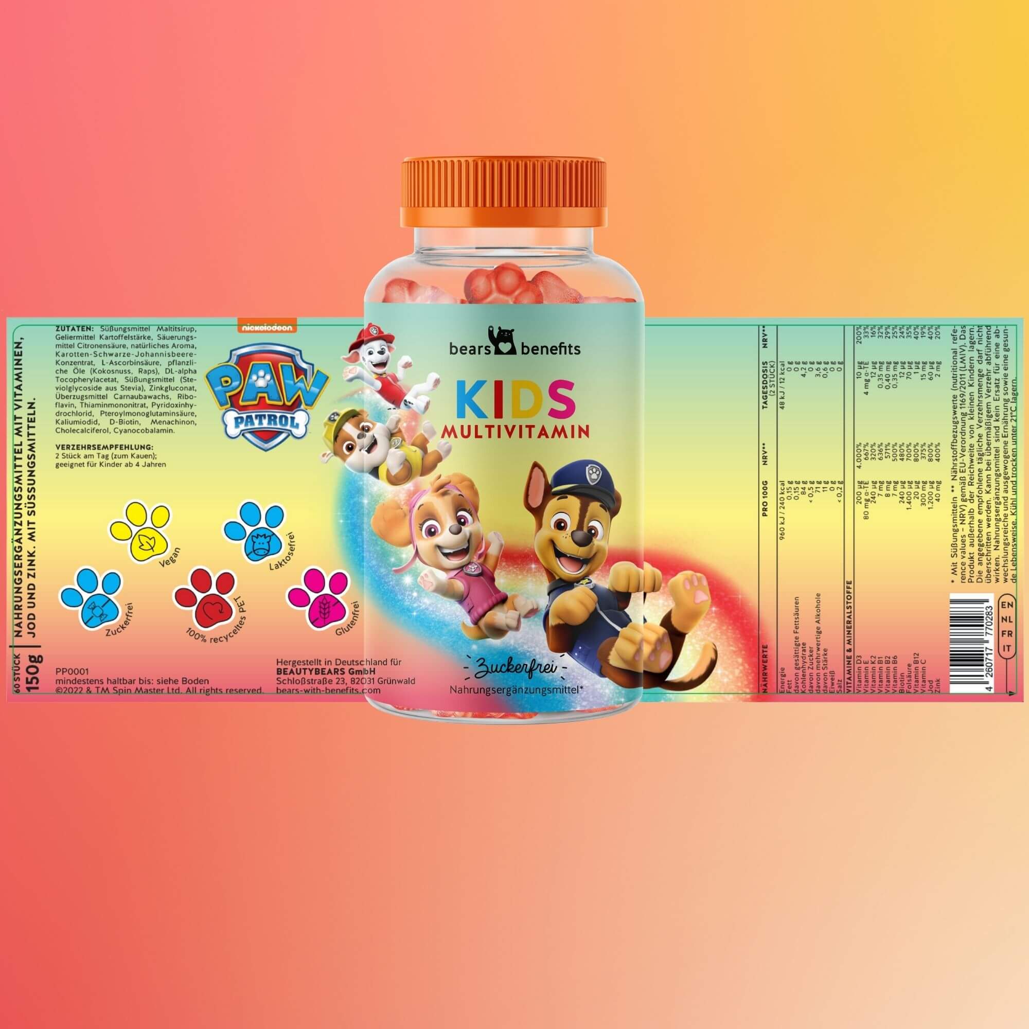3 Monatskur PAW Patrol Kinder Multivitamin Gummibärchen ab 4 Jahren - zuckerfrei